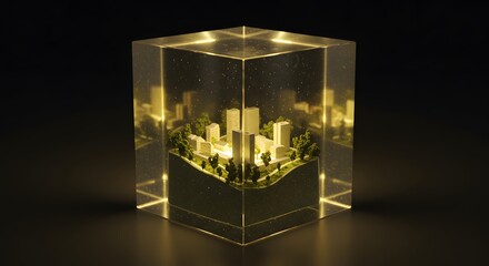 A cube of glowing glass revealing a miniature city, symbol of preservation.