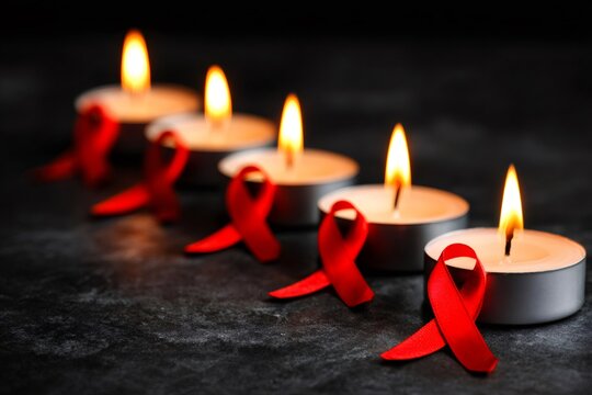 Burning candles and red ribbons symbolizing aids awareness on dark background
