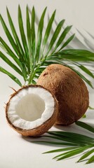 ultra quality image of realistic Fresh whole coconut shows alongside opened coconut with coconut leaves behind on a white background 