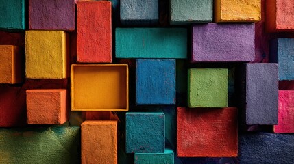 A vibrant and colorful arrangement of square blocks creates a textured background or abstract art piece