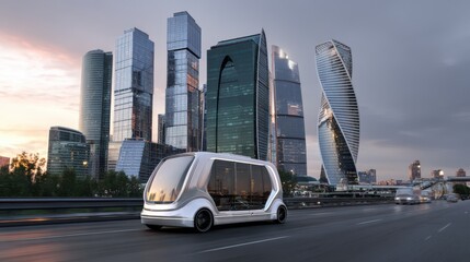 Futuristic self-driving van cruises along a public highway, surrounded by modern glass skyscrapers, redefining city transportation