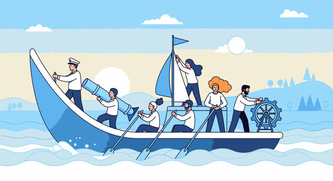 A diverse team collaborating on a boat, symbolizing teamwork, leadership, and a shared journey towards a common goal.