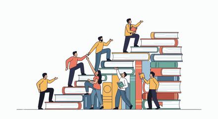 Diverse people helping each other climb a staircase made of giant books, symbolizing knowledge and growth.