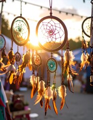 Dreamcatchers hang in a sunlit market