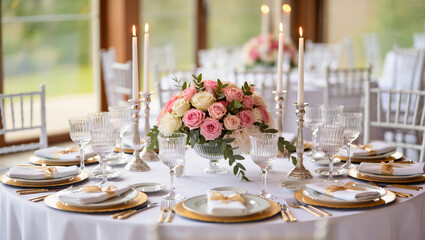 Elegant wedding reception table setting with candles, glassware, gold cutlery and rose centerpiece in pink and white tones. Romantic atmosphere.