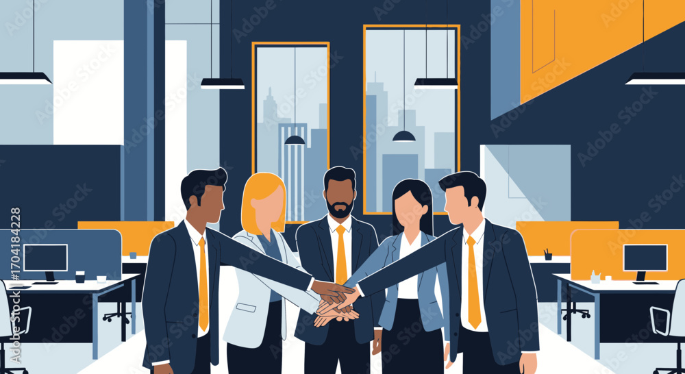 Poster a diverse team of business professionals showing unity and collaboration with a hands-in gesture in 