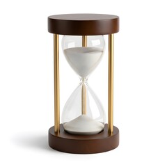 Classic wooden hourglass with white sand on white background