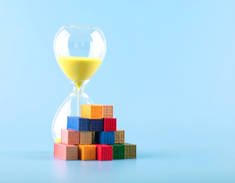 Hourglass with Yellow Sand and Stacked Colorful Miniature Shipping Containers on Blue Background