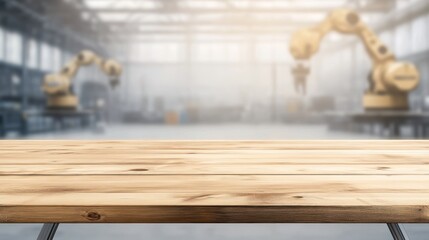 Empty wooden table top with blurred factory background