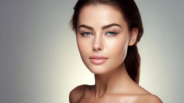 Beautiful model with radiant skin and captivating eyes poses against a soft background in a professional setting