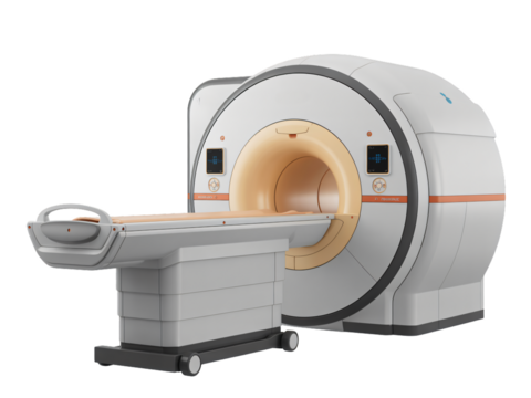 This image presents a modern MRI (Magnetic Resonance Imaging) machine, a large medical diagnostic device with a patient table positioned in front of its circular opening.