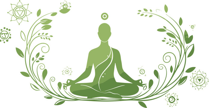 Serene figure meditating peacefully amidst flowing green floral elements and chakra symbols