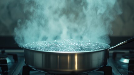 Boiling water and steam in pot on stove