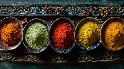 Fototapeta premium A decorative display of vibrant spices in ornate bowls, arranged on an antique tray, creating a rich and cultural aesthetic