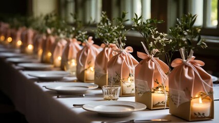 Elegant table with decorative gift boxes, flowers, and candles for a special celebration at an upscale venue
