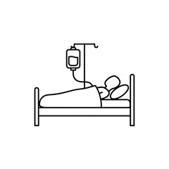 Simple line art illustration of a patient receiving iv drip treatment in hospital bed vector