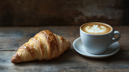 Cup of Cappuccino with Croissant on Rustic Table
