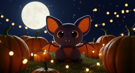 Cute halloween bat with big eyes and pumpkins under full moon