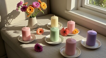 Colorful arrangement of scented candles and gerbera flowers by sunny window