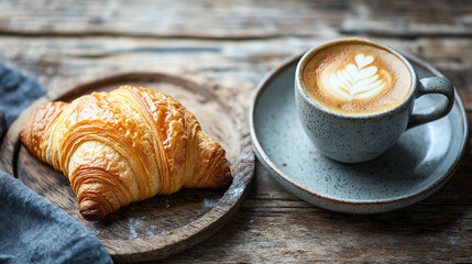 Cup of Cappuccino with Croissant on Rustic Table