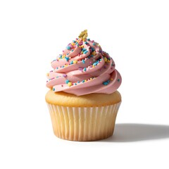 A delicious vanilla cupcake with pink frosting and colorful sprinkles