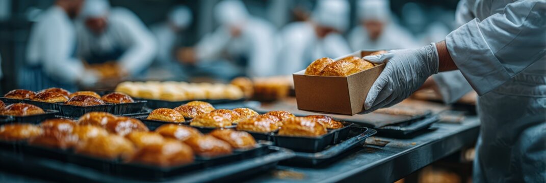 Busy bakery kitchen with bakers preparing fresh pastries during the early morning shift