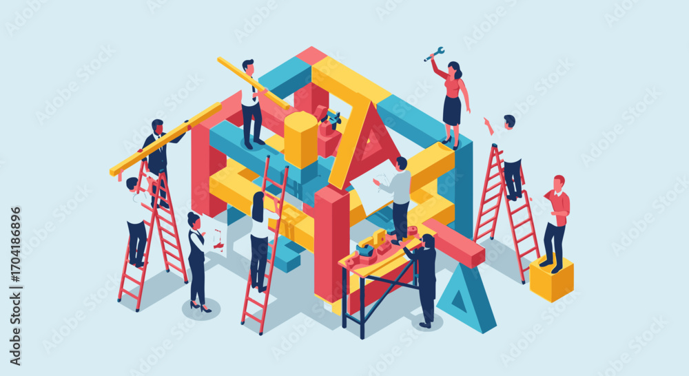 Poster a diverse team of business professionals working together, using ladders and tools to build a large,