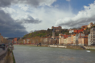 Sona River and city on its banks. Lyon, France