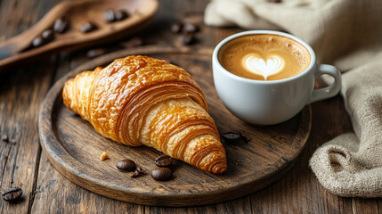 Cup of Cappuccino with Croissant on Rustic Table