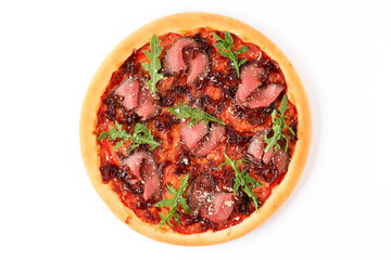 Gourmet Roast Beef Pizza with Caramelized Onions, Arugula, Tomato Sauce and Grated Cheese on White Background