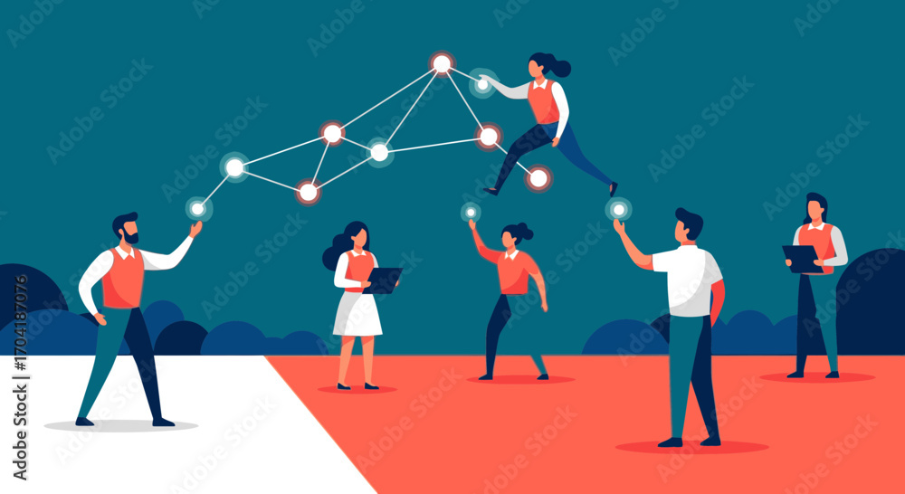 Poster a diverse team of professionals collaborating to build a glowing digital network, symbolizing teamwo