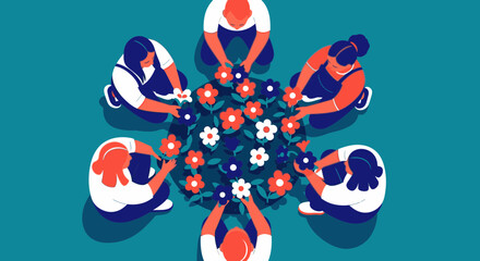 An overhead view of six people in a circle, collectively tending to a vibrant cluster of flowers, symbolizing teamwork and growth.