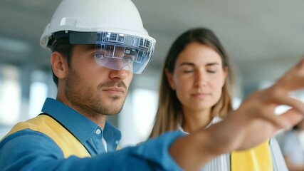 Diverse architect couple working on a construction site using futuristic augmented reality software with a building 3D blueprint visualization while male engineer interacts with - Powered by Adobe