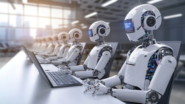 Robots working on laptops in office