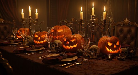 Spooky halloween dinner table with glowing jack-o'-lanterns and skull decor