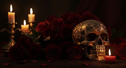 Ornate golden skull with roses and candles in dark romantic setting
