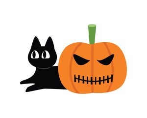 Black cat with pumpkin Halloween illustration. Halloween celebration. Halloween clip art. Halloween celebration.