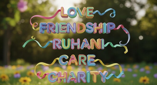 Colorful 3D text spelling out "LOVE FRIENDSHIP RUHANI CARE CHARITY" against a blurred background of a sunny meadow with flowers.