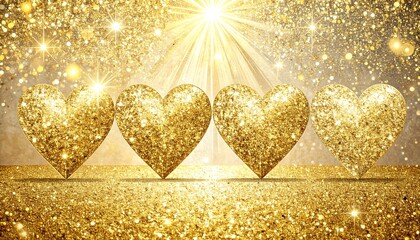 Gold glitter hearts on a glittery background with sunburst