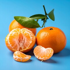 Fresh Tangerine with Juicy Segments and Natural Peel Isolated on Blue Background for Citrus Fruit Object, Healthy Food and Vitamin C Concept