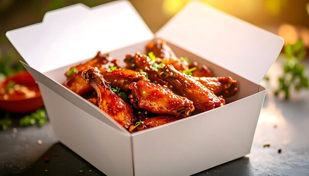 Crispy chicken wings in a takeout box