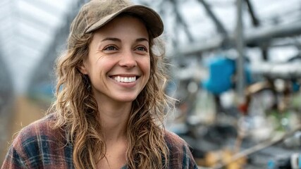 Portrait of a Gardener: A portrait of a happy female gardener with a natural smile, radiates warmth and connection. She looks to the side with genuine joy and pride.