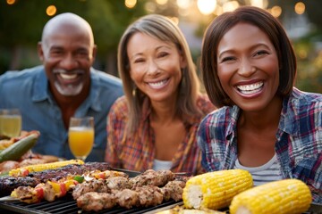 Happy senior friends grilling meat and vegetables outdoors