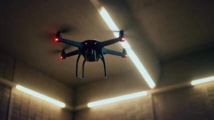 Modern drone flying in a futuristic industrial space with neon lighting - Powered by Adobe