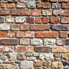 Close-up view of a weathered brick wall with various shades of red, brown, and beige