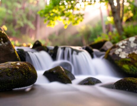 Peaceful stream cascading over mossy rocks in a sunlit forest