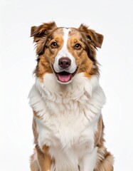 Fototapeta premium Friendly Domestic Dog with Soft Fur Sitting Isolated on White Background for Animal Object, Pet Concept and Canine Nature Photography