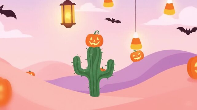 Pastel desert dunes dotted with giant smiling pumpkins and candy corn lanterns, toy bats flying overhead, quirky cactus pumpkin hat detail, flat minimal 2D animation