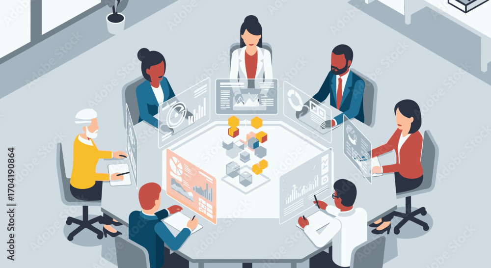 Poster diverse business team collaborating in a futuristic meeting room with holographic data displays and 