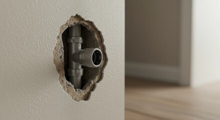 Exposed wall pipe with damaged plaster in modern interior setting
